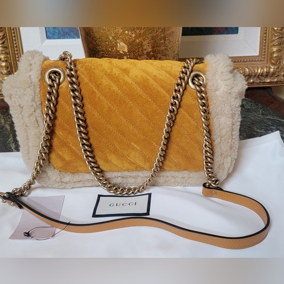 NWT $3600 GUCCI MARMONT TAN SUEDE SHEARLING LAMBSWOOL MEDIUM FLAP SHOULDER BAG - Picture 5 of 14